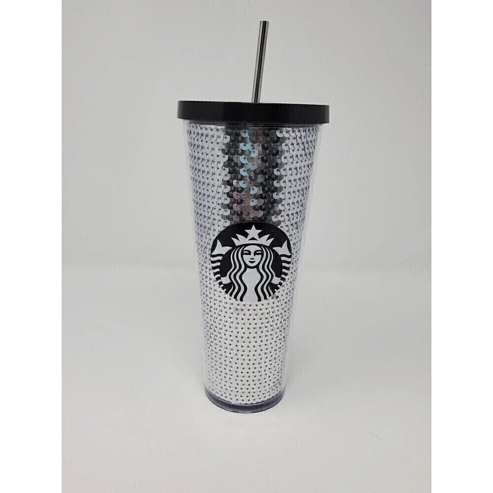 STARBUCKS VENTI ACRYLIC SILVER SEQUINS TUMBLER ICED COFFEE 24 FL OZ 2017 RETIRED